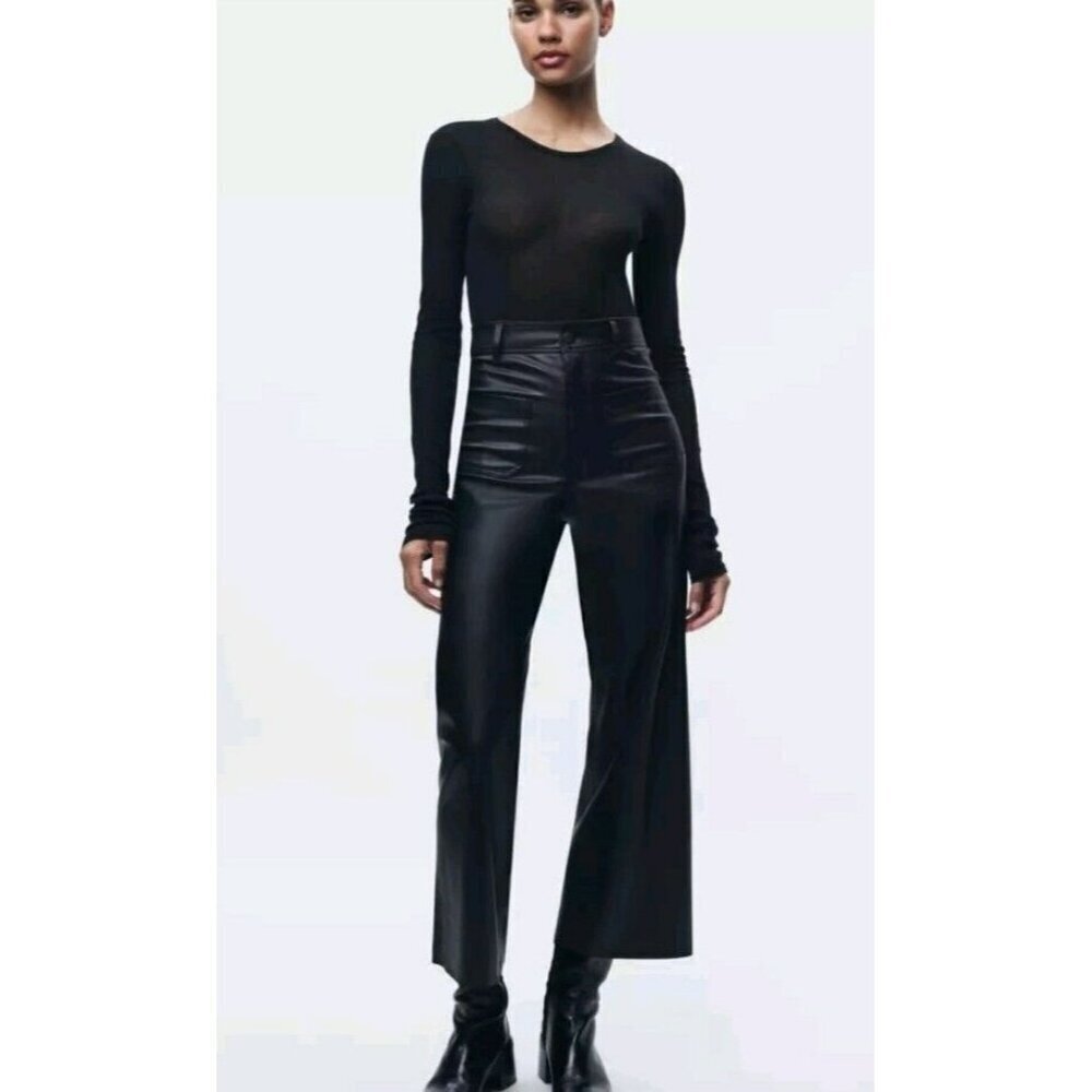 Zara Women’s The Marine Straight Leg Leather Trousers Black Size 0 2969…